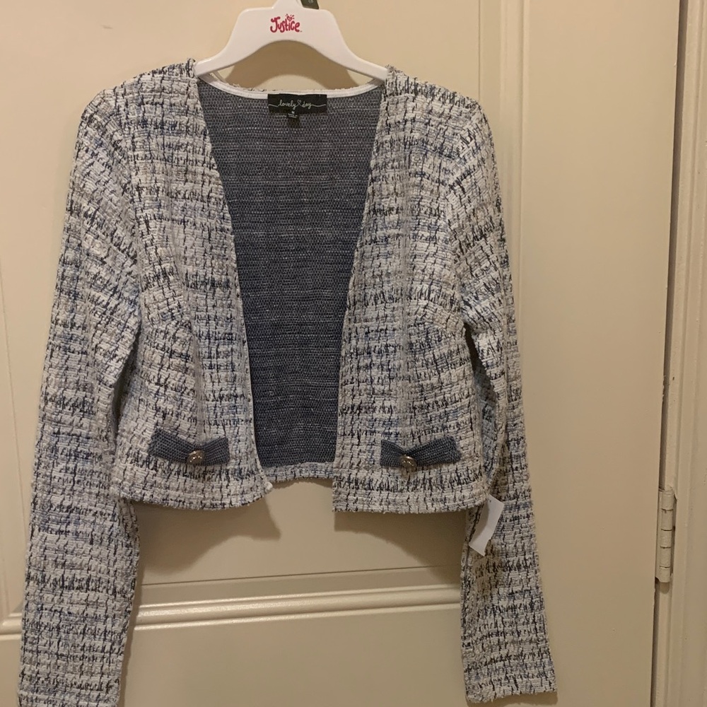 Lovely Day Cropped Tweed Blazer - Blue & White
